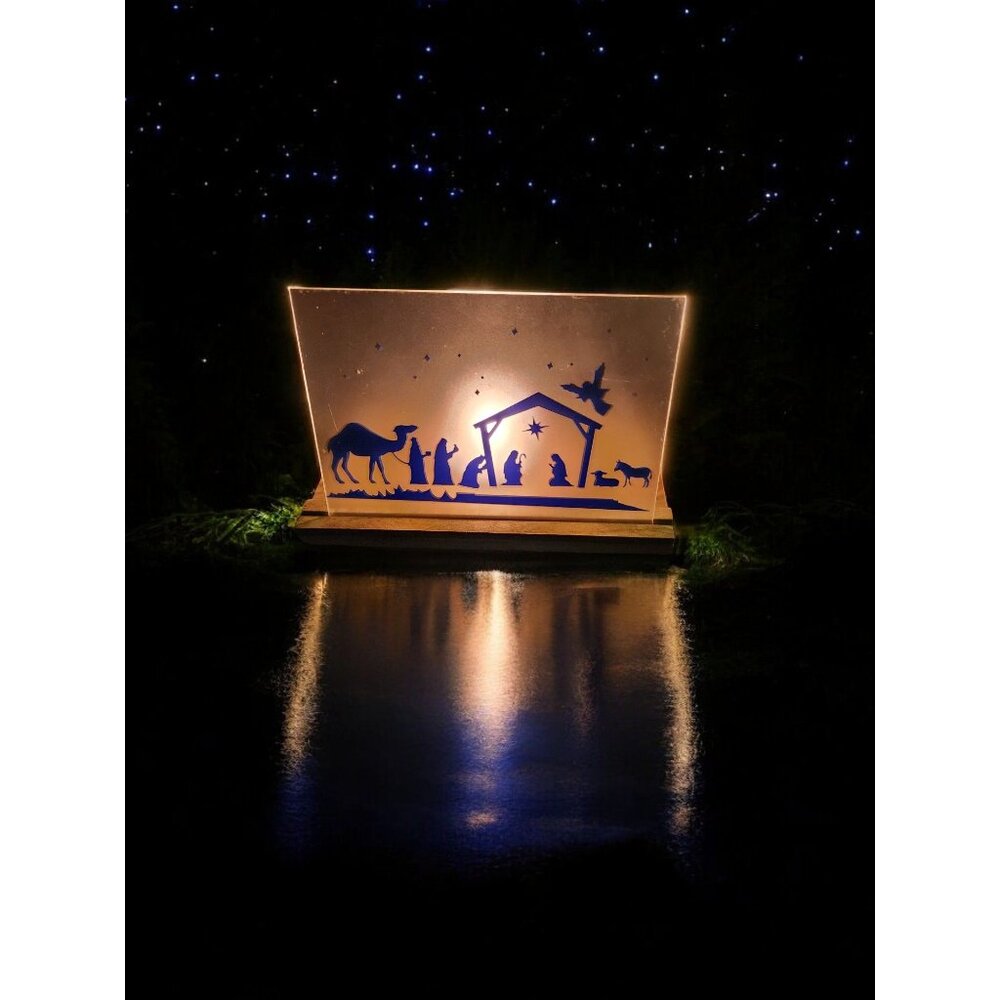 Nativity Silhouette Glass Candle Holder With Wooden Base